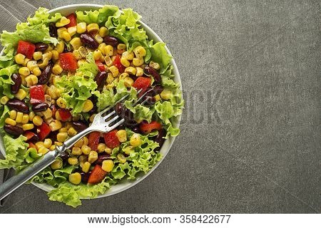 Healthy Green Salad With Corn And Beans On Grey Background. Mexican Corn Salad.