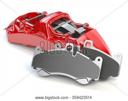 Car brakes. Red caliper and pads. Dsk braking system parts. 3d illustration