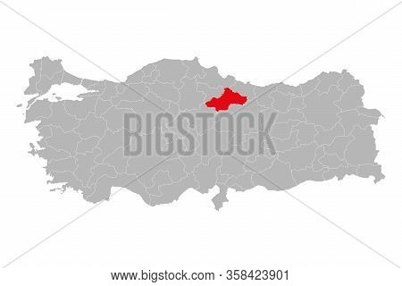 Tokat Province Highlighted On Turkey Map Vector. Gray Background.