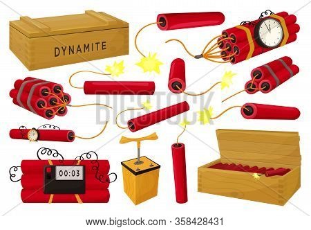 Dynamite Vector Illustration On White Background. Vector Cartoon Set Icon Fuse Explosive. Isolated C