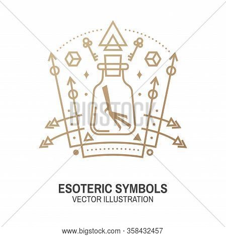 Esoteric Symbols. Vector. Thin Line Geometric Badge. Outline Icon For Alchemy Or Sacred Geometry. My