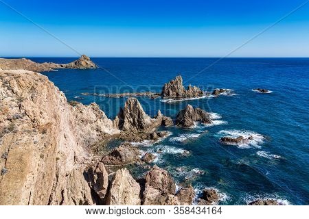 Rocky Coast Of Cabo De Gata Nijar Park, Almeria, Spain. Andalusias Largest Protected Area.