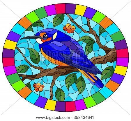 Illustration In The Style Of Stained Glass With A Beautiful Bright Blue Bird  On A  Background Of Br