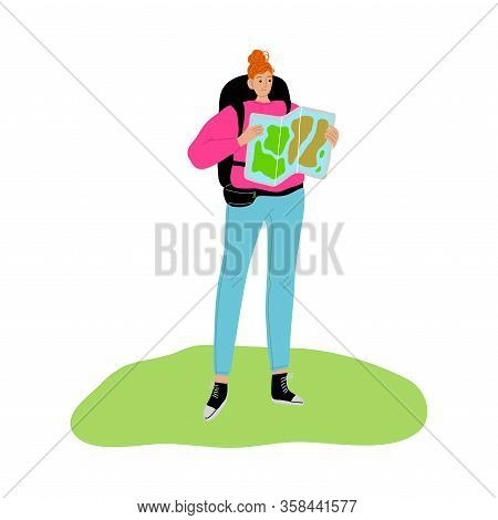 Young Woman Backpacker Travelling Around World With Map Vector Illustration