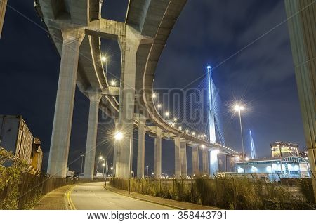 Elevated Highway And Bridge In Hong Kong At Night