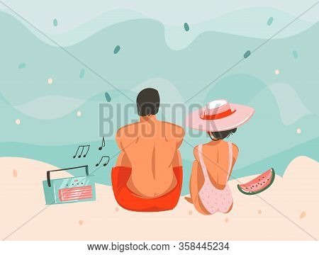 Hand Drawn Vector Stock Abstract Graphic Picnic Illustration With A Sunbathing Sitting Couple Music 