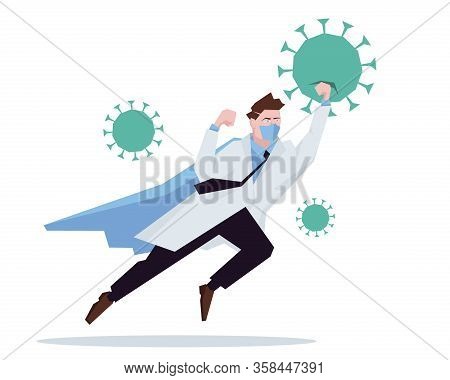 Doctor Superhero Working In Hospital And Fighting The Coronavirus. Healtcare Concept Corona Virus Ou