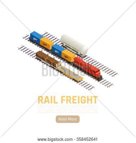 Train Railway Station Isometric Background With Editable Text Read More Button And Goods Train Carri
