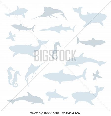Shadow Play. Vector Set Isolated On White Of Silhouettes, Blue Shapes, Icons, Pictograms Of Marine A