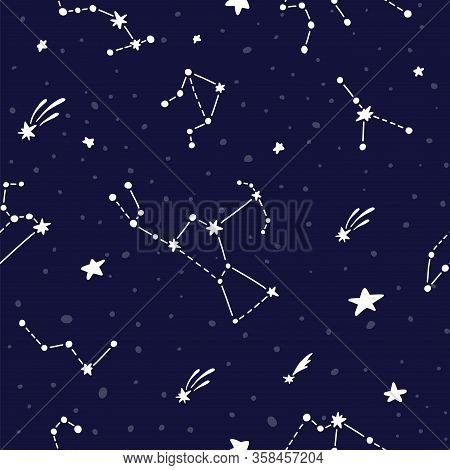 Cosmic Fabric For Kids. Bright Childish Tile. Constellations On Dark Night Sky. Cute Design For Kids