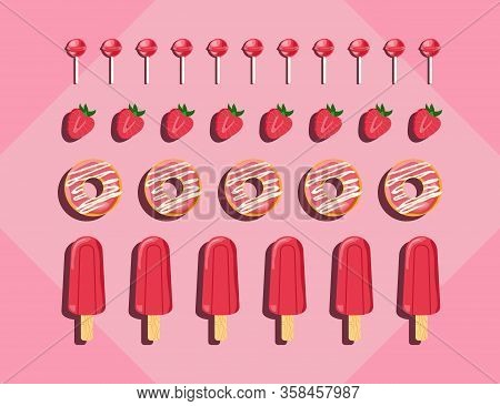 Food Knolling Ice-cream, Donuts, Strawberry And Lollipops Trendy Arranging Vector Illustration In Pi