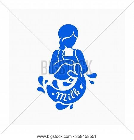 Milk Logo With Girl And Jug. Logo For Dairy Company. Vector Illustration Of Country Girl Pouring Mil