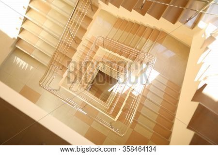 Staircase Multi-storey Building, Tiled Floor. Development Human Mind. Progress In Science And Techno