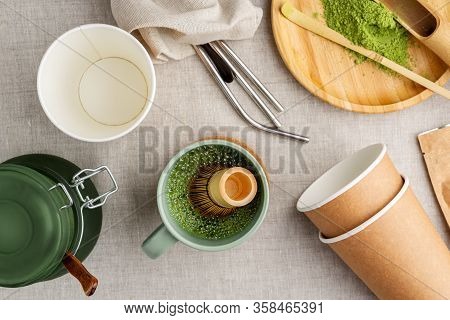 Matcha Tea Making Process, Wooden And Bamboo Kitchen Utensils, Metal Straws On Linen Beige Backgroun