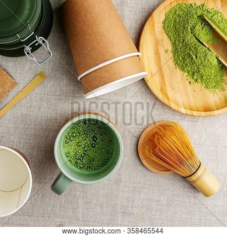 Matcha Tea Making Process, Wooden And Bamboo Kitchen Utensils, Metal Straws On Linen Beige Backgroun