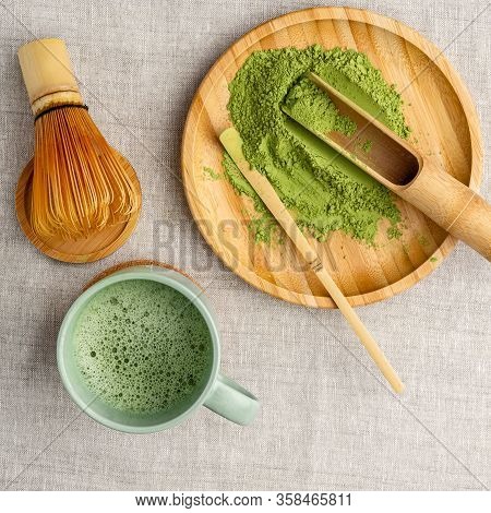 Matcha Tea Making Process, Wooden And Bamboo Kitchen Utensils, Metal Straws On Linen Beige Backgroun