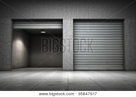 Garage building made ??of concrete with roller shutter doors