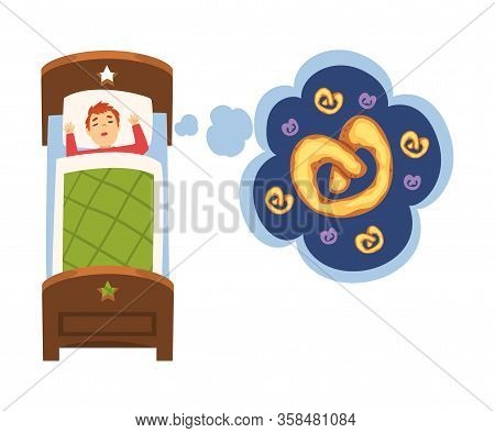 Cute Boy Sleeping In Bed And Dreaming About Pretzel, Kid Lying In Bed Having Sweet Dreams Vector Ill