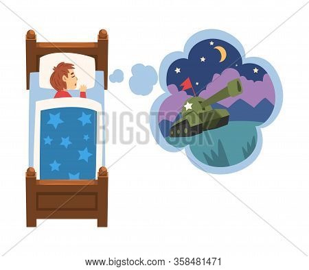 Cute Girl Sleeping In Bed And Dreaming About Military Tank, Kid Lying In Bed Having Sweet Dreams Vec