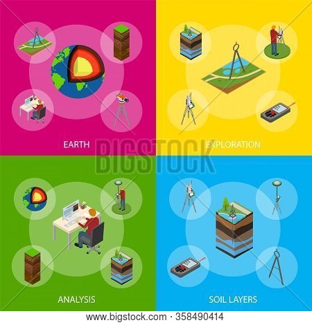 Earth Exploration Concept Banner Set 3d Isometric View Include Of Research Instrument, Exploration G