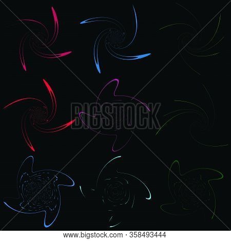 Set Of Single-colored,monochrome Twirl, Swirl. Shape With Rotation, Spin, Spiral Distortion. Helix,