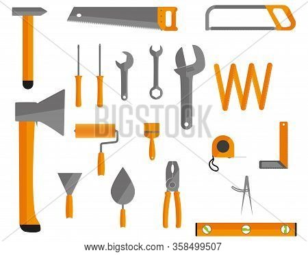 Set Of Hand Tools Mechanics Screwdriver, Hammer, Ax, Wrench, Level, Spatula, Pliers, Saw, Roller, Br