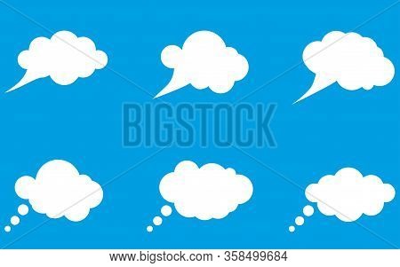 Set Of White Clouds For Thoughts, Messages And Other Records Isolated On Blue Background. Vector Ill