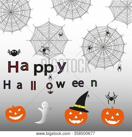 Set Of Icons For Halloween.vector Illustration. Halloween Spiderweb Border With Hanging Spiders