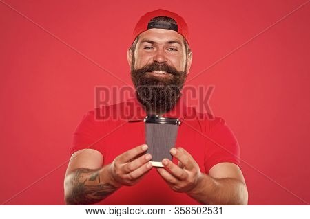 Cafe Barista Hold Coffee Cup. Coffee To Go. Cafe Stuff Red Uniform With Cap Serving Drink. Enjoy Hig