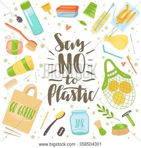 Zero Waste Concept. Reusable Shop Items, Kitchen Utensils, Eco Friendly Message For Cards, Brochures