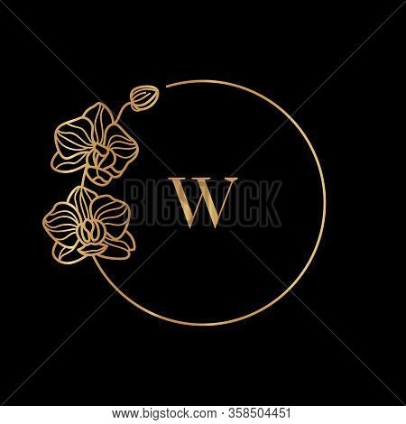 Gold Frame Template Orchid Flower And Monogram Concept With The Letter W In Minimal Linear Style. Ve