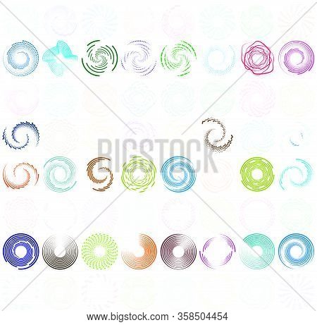 Set Of Single-colored,monochrome Twirl, Swirl. Shape With Rotation, Spin, Spiral Distortion. Helix,