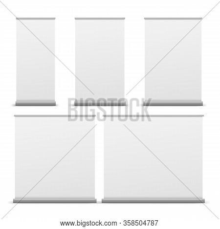 Roll Up Banner Sizes. Empty Stand Mockups For Presentation Or Product Exhibition, Info Display Adver