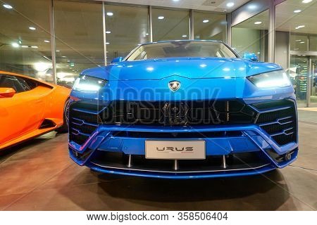 Bologna, Italy - March 03, 2020: Blue Lamborghini Urus sport car in the hall of the Bologna Airport