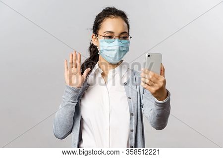 Covid19, Virus, Health And Medicine Concept. Young Asian Girl Getting Sick, Self-isolating At Home, 
