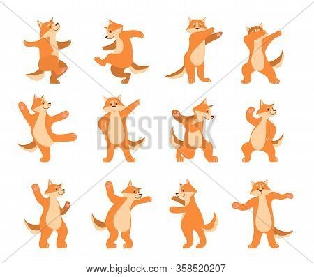 Happy Ginger Dog Dancing. Cute Shibu Inu Dancing Pose Set.