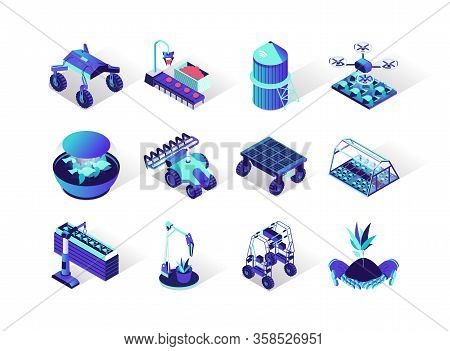 Agriculture Robotisation Isometric Icons Set. Growing Seedling, Hydroponic, Spray Chemical And Harve