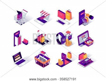 Online Shopping Isometric Icons Set. Internet Marketplace Mobile Application. Payment By Smartphone,