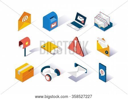 Email Service Provider Isometric Icons Set. Delivery Box, Mail Envelope, Postbox, Mobile Application