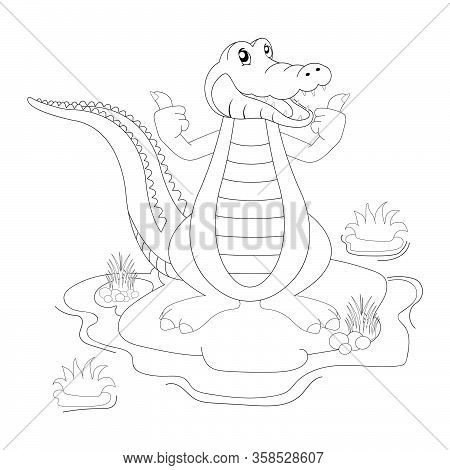 Cute Cartoon Alligator. Black And White Vector Illustration For Coloring Book