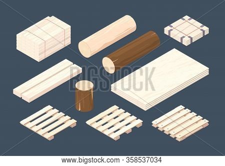 Wooden Pallet. Isometric Cargo Containers And Packages Timber Vector Wooden Set. Cargo Pallet Fot Tr