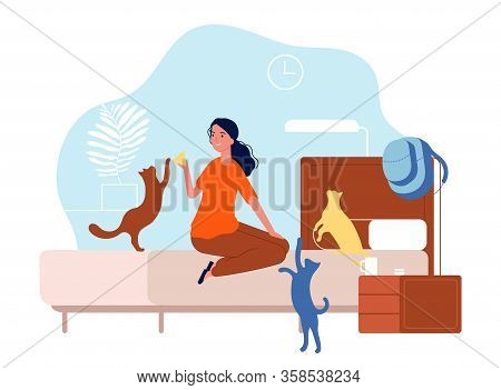 Cats With Woman. Young Girl With Pets In Bedroom. Home Animals, Kittens And Female Vector Illustrati