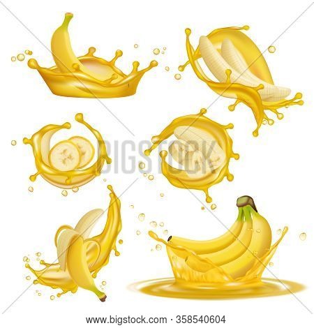 Banana Juice. Liquid Yellow Drops From Bannanas Juice Healthy Fruits Exotic Desserts Dripping 3d Vec