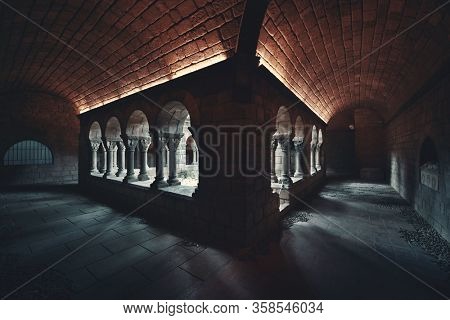Hallway in Romanesque monastery in village in Pueblo Espanol Barcelona, Spain