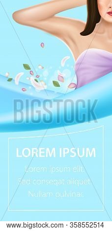 Armpit Epilation, Promo Poster. Woman Hold Arm Up And Showing Clean Underarm With Feathers And Petal