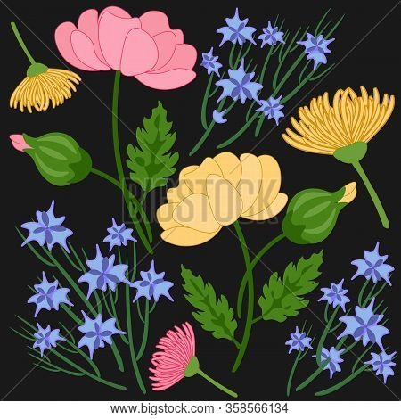 Floral Pattern On A Black Background Seamless