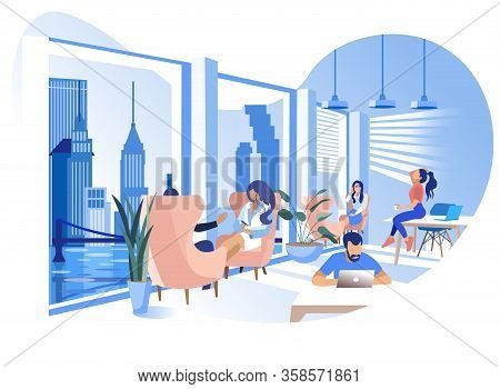 Modern Coworking Office Flat Banner Employees Freelancers Share Working Environment Woman Having Cof