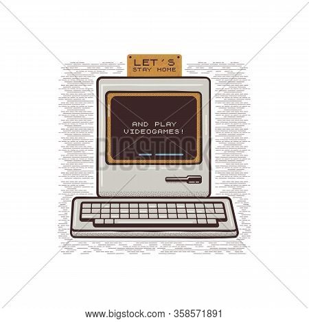 Lets Stay Home And Play Videogames Illustration Concept Coronavirus Covid-19 With Mountains. Corona 