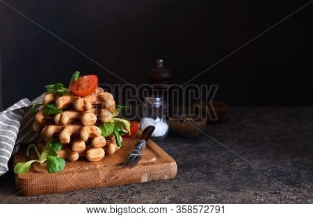 Cheese Waffles With Corn Salad And Tomans - Healthy Breakfast On A Concrete Background.