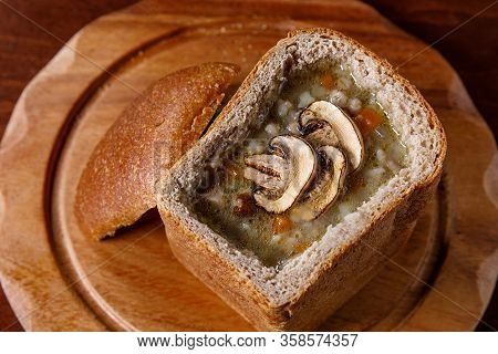 Mushroom Soup In A Bowl Of Bread
